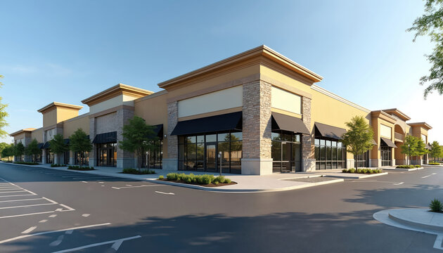 Modern retail strip mall with storefronts, awnings, and parking lot. Shops facade displays large windows and stone accents. Sunny day illuminates empty commercial building.