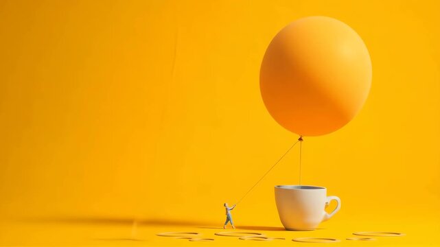 Tiny figure lifting teacup with balloon