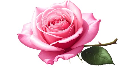 Digitally enhanced pink rose, open bloom, green stem and leaf, isolated