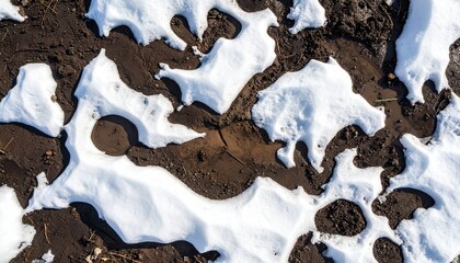 Melting snow on dark soil, creating abstract patterns and puddles. Winter thaw landscape background.