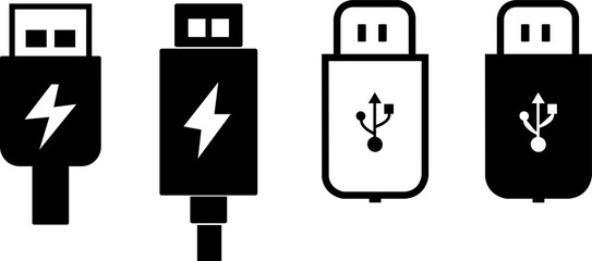 Minimalist USB icon set showing a USB connector and flash drive in black and white silhouettes. No Charging Sign, Prohibited Charging Symbol