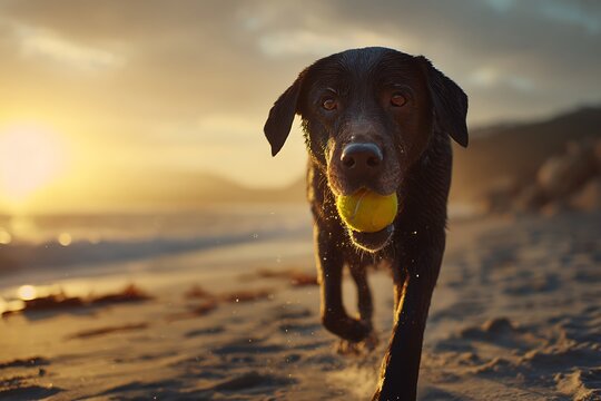 Adorable chocolate lab running with a tennis ball at sunset on the beach, enjoying life and sunshine with golden hour lighting