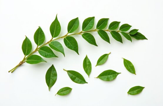 Fresh green curry leaves on branch with single leaflets isolated on white background. Organic Murraya koenigii popular Indian spice, seasoning. Aromatic herb used for healthy cooking, in ayurvedic