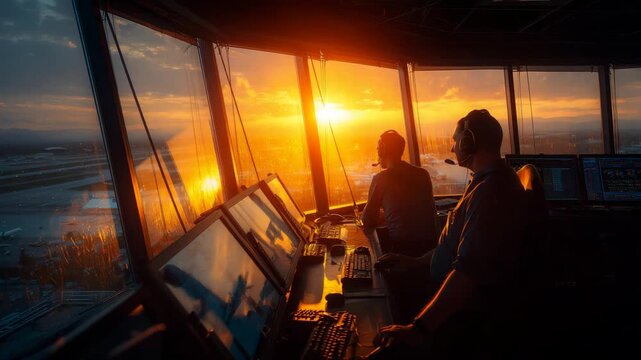 Air traffic controllers in tower at golden hour