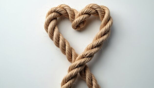Heart shape made from thick rope. Image on white background. Symbol of love and connection. Design element for Valentine Day or relationship concepts. Creative craft or DIY idea. Nautical theme.