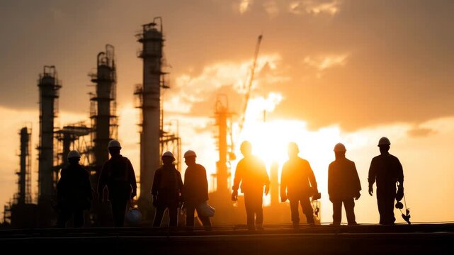 Team of refinery workers silhouetted at sunset
