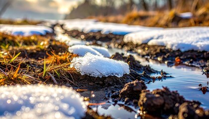 Fototapeta premium Melting snow and puddles on muddy ground in early spring, close-up with golden hour light and bokeh