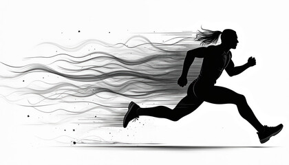 Silhouette of a runner in mid stride. Abstract streaks of motion flow behind the athlete. This illustration conveys speed and dynamism. Ideal for sports advertising.