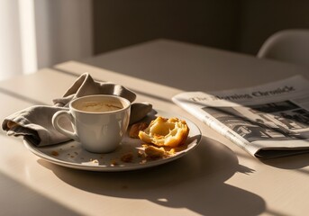Sunlight on breakfast table with coffee cup, croissant, and newspaper.