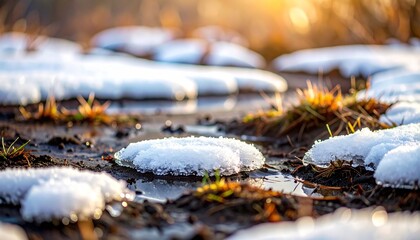 Close-up of melting snow patches on muddy ground with dry grass, illuminated by golden sunlight, symbolizing the arrival of spring or thaw.