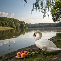 A white swan near ripe peaches by a lake with a serene beautiful background