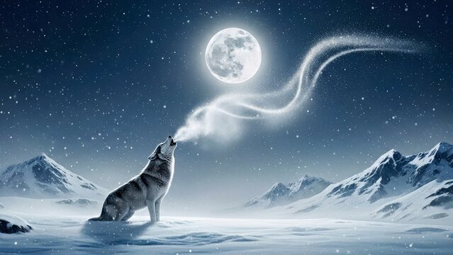 Majestic Howling Wolf Enchanted by Crescent Moon Snowy Night Scene - Powered by Adobe