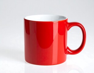 Glossy red ceramic mug on white backdrop; empty, handle visible