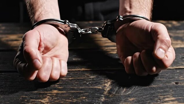 Close up on male hands clasped in handcuffs resting on a rustic wooden table under dramatic lighting
