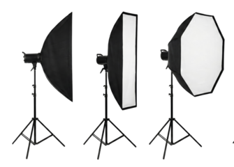 Professional lighting equipment in studio configuration for photography and videography on a light