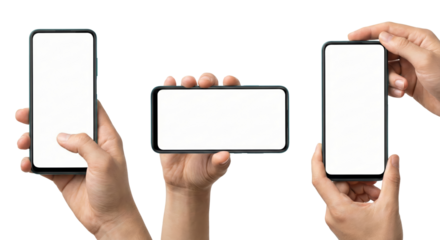 Human hands elegantly showcase three modern smartphones against a neutral setting