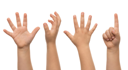 Illustrative child's hands demonstrating counting concepts on a transparent backdrop, suitable for
