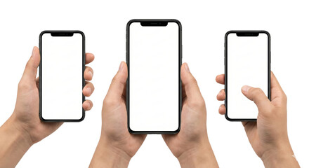 Mockup featuring a trio of smartphones held by hands against a clean transparency