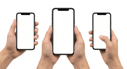 Mockup featuring a trio of smartphones held by hands against a clean transparency