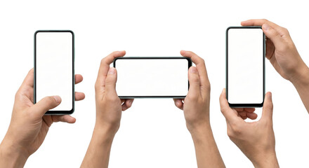 Multiple hands holding smartphones showcasing screen in portrait and landscape on background