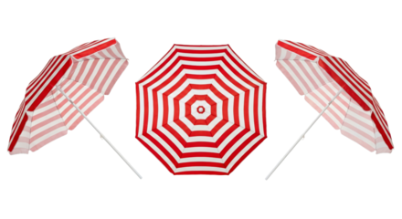 Striking studio shot featuring three vibrant red and white striped beach umbrellas