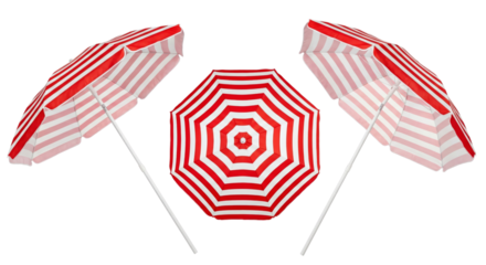 Striking summer vibe featuring red and white striped beach umbrellas on transparent setting