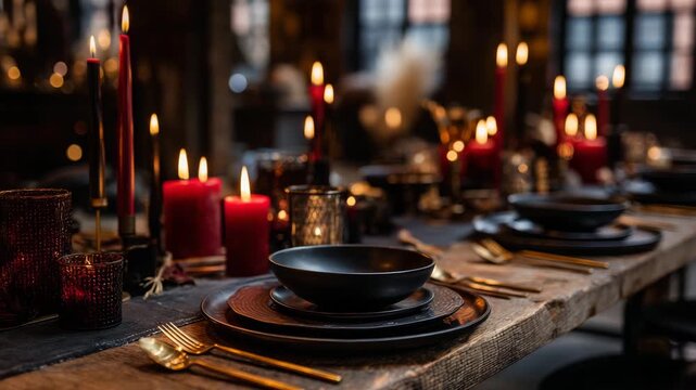 Candlelit dinner table with rustic charm