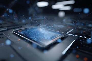 Sleek tablet displaying dynamic data visualization with interconnected network, perfect for modern technology solutions and innovative digital concepts