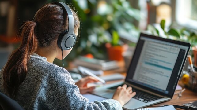 Focused student wearing headphones at a laptop taking an online class - Powered by Adobe