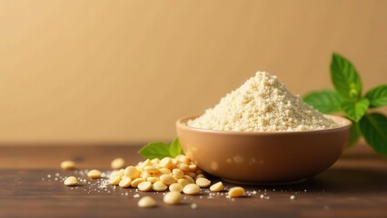 Aesthetic presentation of a small bowl brimming with finely textured, pale yellow grain powder beside a scatter of whole grains and a sprig of fresh green leaves