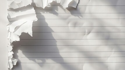 Torn edge school notebook paper casts shadows on the white background surface