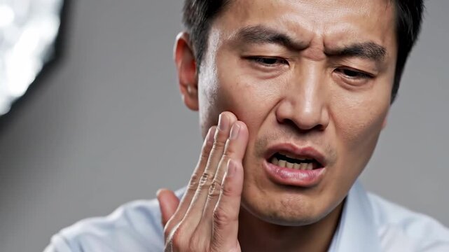 Facial Expressions: Asian Man Experiencing Pain and Discomfort With Grimaces