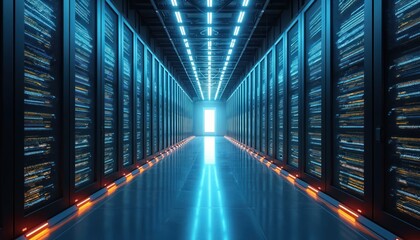 Rows of computer servers in a data center. Rows of racks with blinking lights. High tech server room with blue and orange lights. Futuristic IT infrastructure.