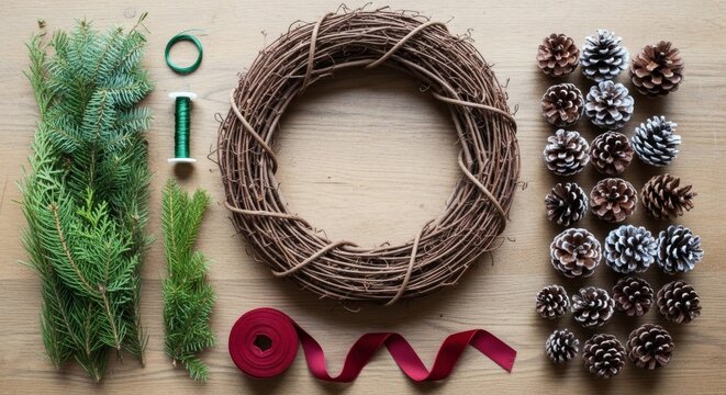 Overhead view of materials for making a Christmas wreath, including pine branches, pinecones, ribbon, and a grapevine wreath base.