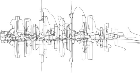 Obraz premium Abstract Cityscape Sketch: Urban Silhouette Reflection on Calm Water Surface View