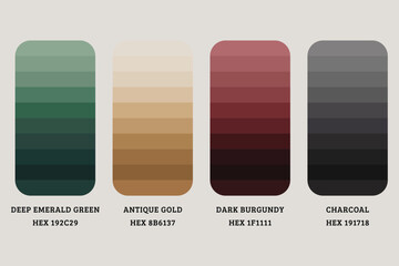 Color palette swatches gradient scheme aesthetic shades design deep emerald gold burgundy charcoal modern inspiration
