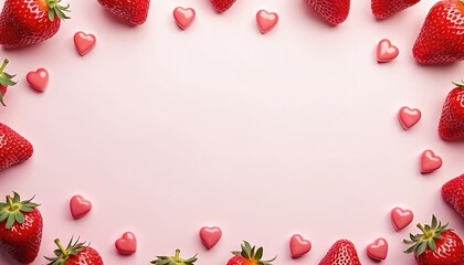 Fresh red strawberries, pink heart candies form decorative frame on soft pink background. Sweet, romantic border suggests love, health, summer fun, special day celebration. Top view of yummy fruit,