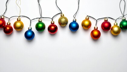 Colorful Christmas ornaments and lights hanging on white background.