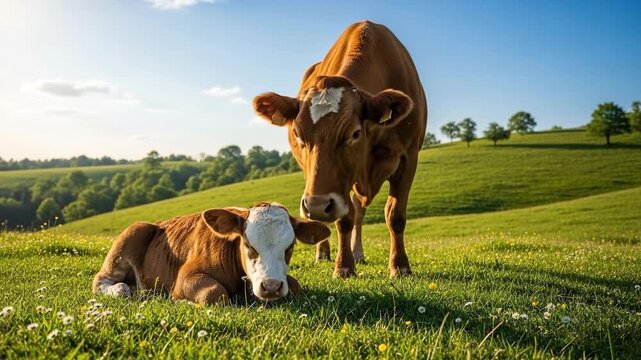 A mother cow gently nuzzles her calf in a sunny green pasture.