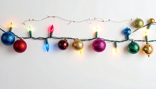 Colorful Christmas ornaments and lights hanging on white background. - Powered by Adobe