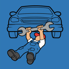 Cartoon mechanic fixing car with wrench illustration.