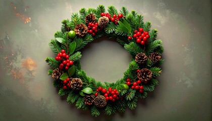 Festive pine wreath with red berries and pinecones on light textured background.