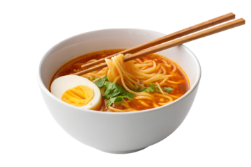 Hot Ramen Noodle Soup with Egg, Chopsticks and Herbs Isolated on Black Background – High Resolution PNG Stock Photo
