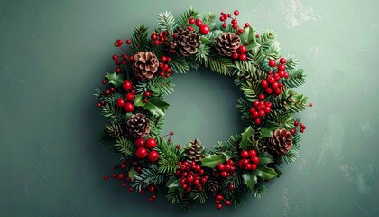 Festive pine wreath with red berries and pinecones on light textured background.