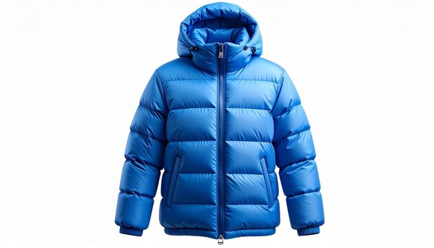 Bright blue hooded puffer jacket with quilted insulation on white background.