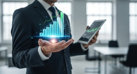 Businessman analyzing financial growth with hologram display and tablet in office