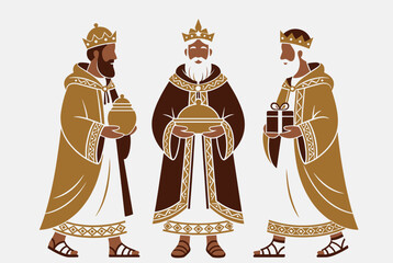 Three stylized wise men or magi wearing crowns and robes, carrying gifts of gold, frankincense, and myrrh.