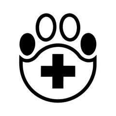 A clean outline icon featuring a pet paw with a medical cross in the center. Represents veterinary help, animal treatment, and medical support.