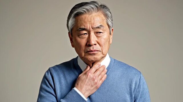 Elderly Asian Man Experiencing Throat Pain, Showing Discomfort and Suffering Through Ache