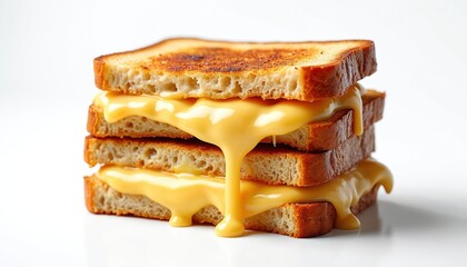 Close up photo shows appetizing sandwich stack on white background. Grilled bread covered with melted cheese sauce flows down. Delicatessen concept with yummy toast sandwich for breakfast. Food